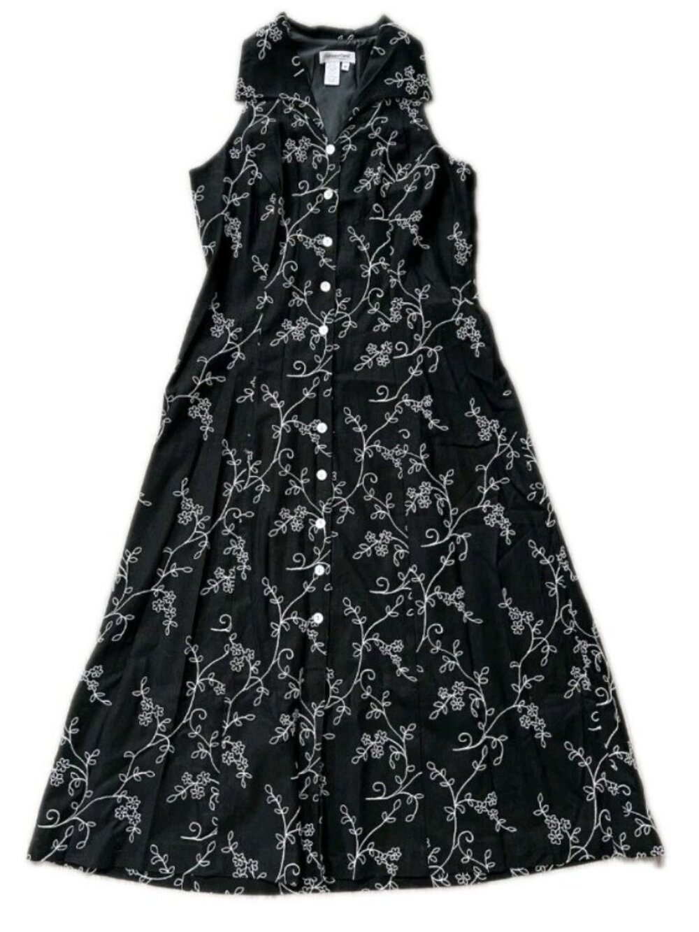 Coldwater Creek Size P16 Long Black Linen Floral Embroidered Maxi Shirt Dress